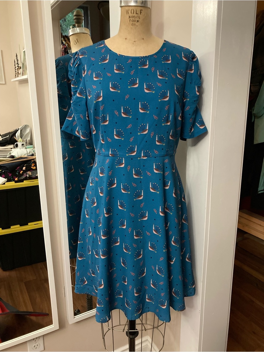 Fit & Flare Midi Dress in Teal Blue Sailboat Print